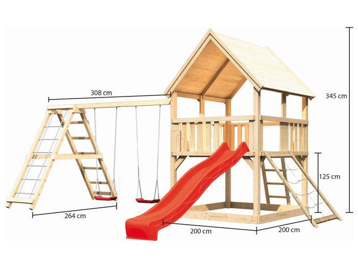 Karibu Spielturm Luis Satteldach + Rutsche rot + Doppelschaukelanbau Klettergerüst + Netzrampe