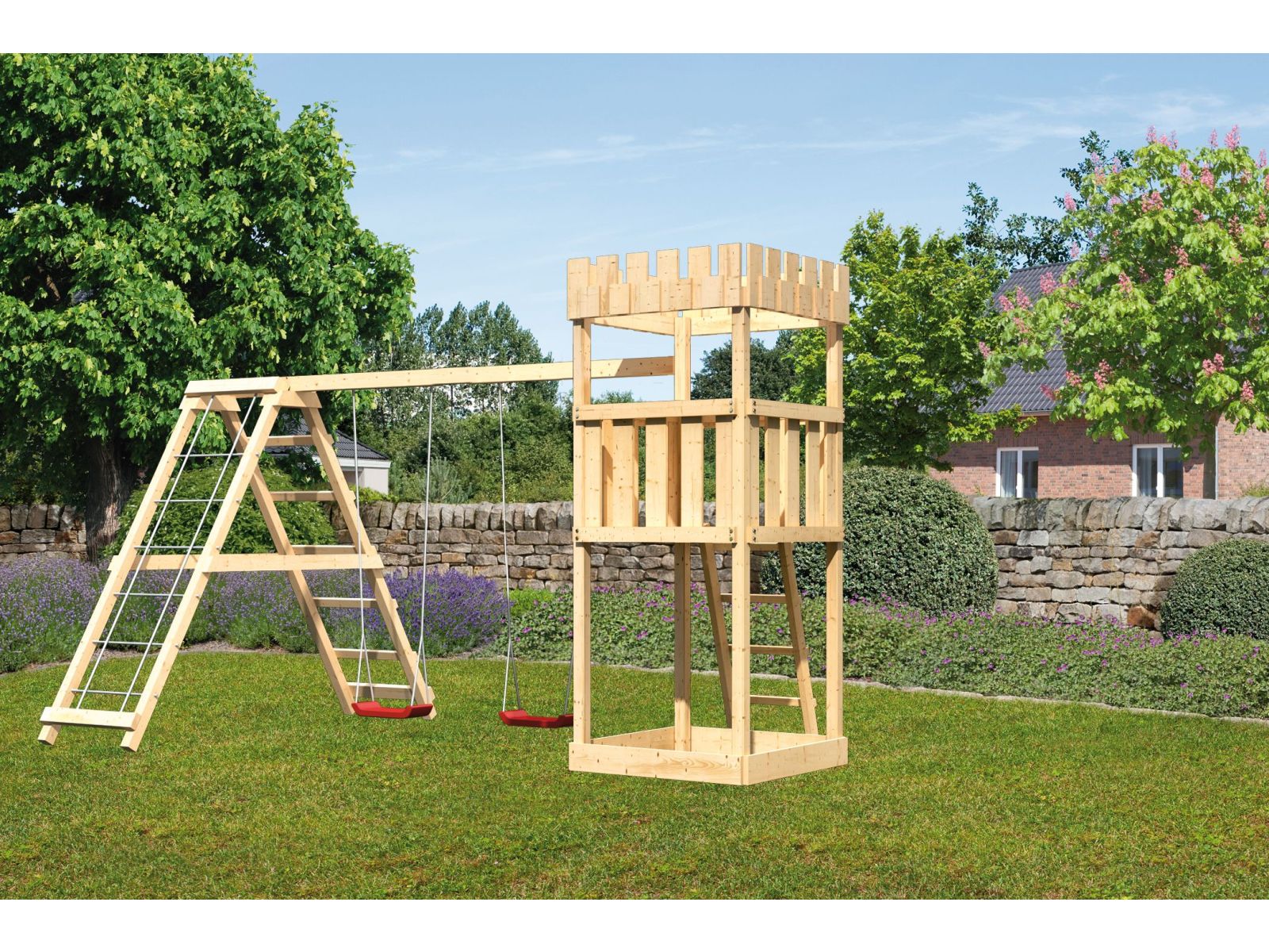 Karibu Ritterburg Löwenherz + Doppelschaukelanbau Klettergerüst