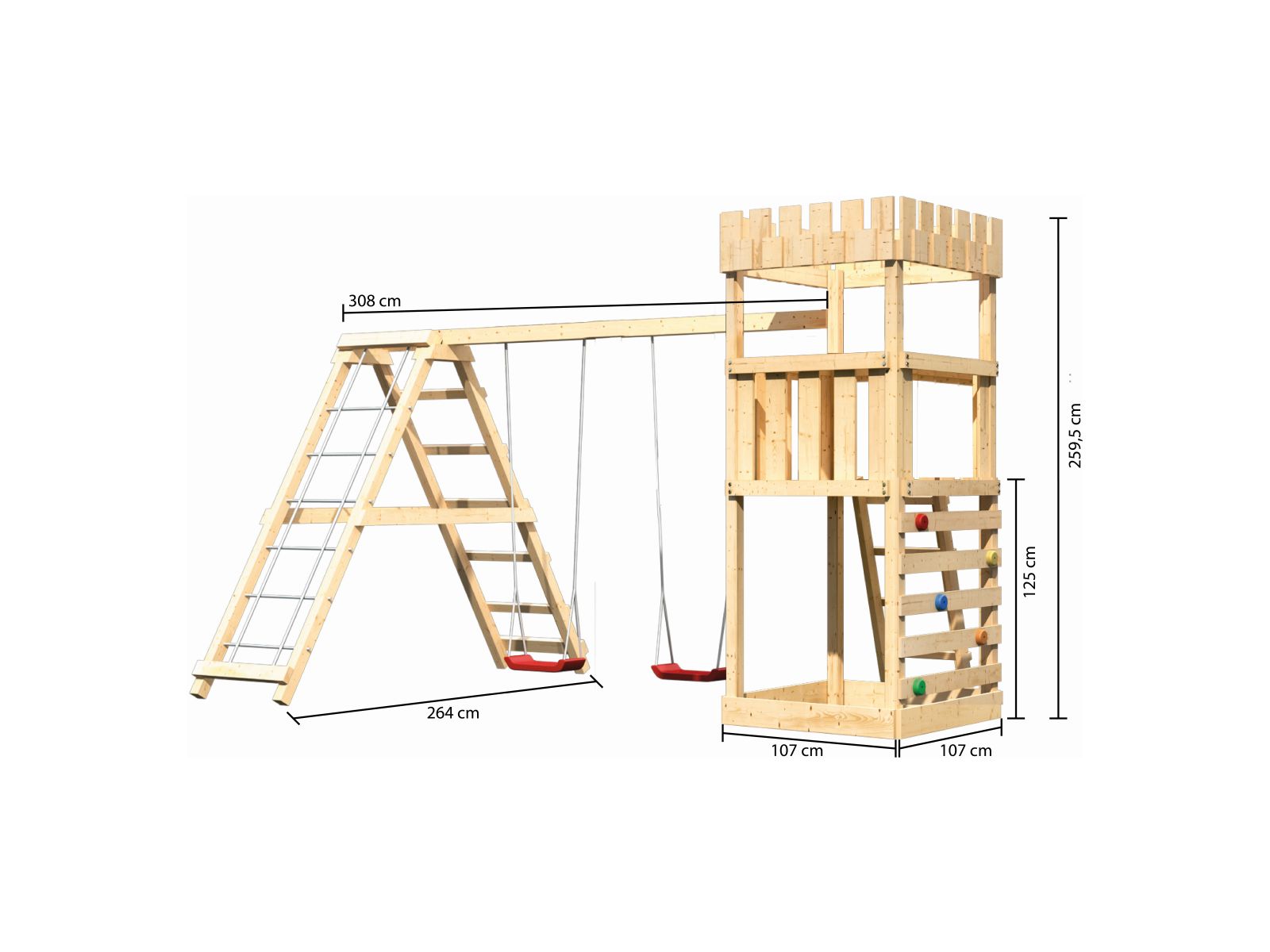 Karibu Ritterburg Löwenherz + Doppelschaukelanbau Klettergerüst + Kletterwand