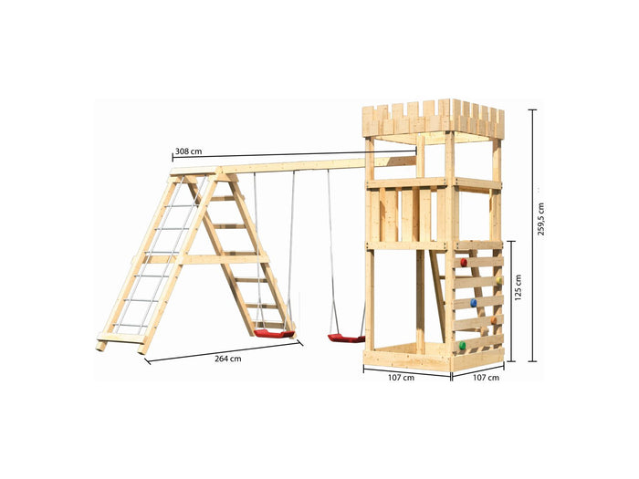 Karibu Ritterburg Löwenherz + Doppelschaukelanbau Klettergerüst + Kletterwand