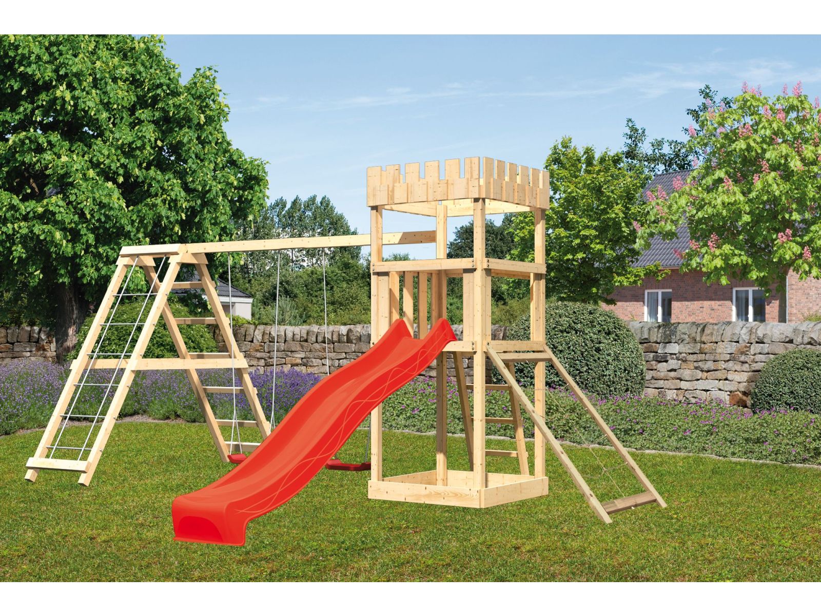 Karibu Ritterburg Löwenherz + Rutsche + Doppelschaukelanbau Klettergerüst + Netzrampe