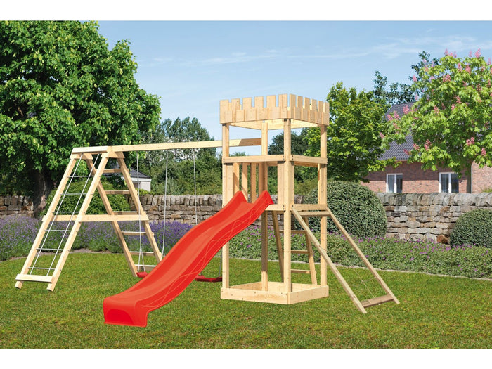 Karibu Ritterburg Löwenherz + Rutsche + Doppelschaukelanbau Klettergerüst + Netzrampe