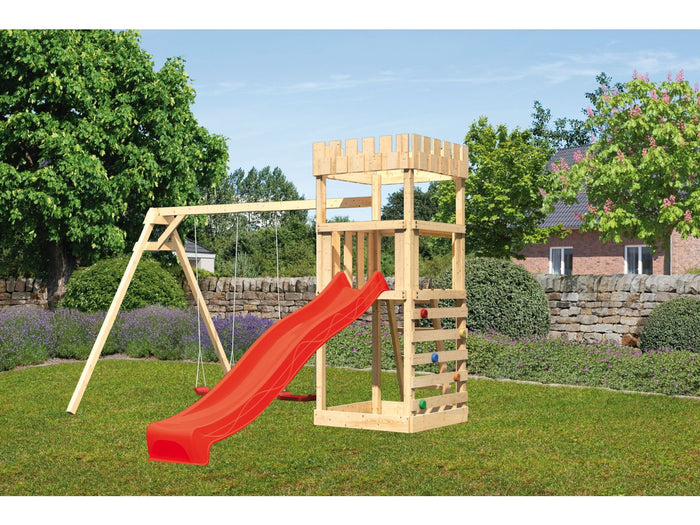 Karibu Ritterburg Löwenherz + Rutsche + Doppelschaukel + Kletterwand