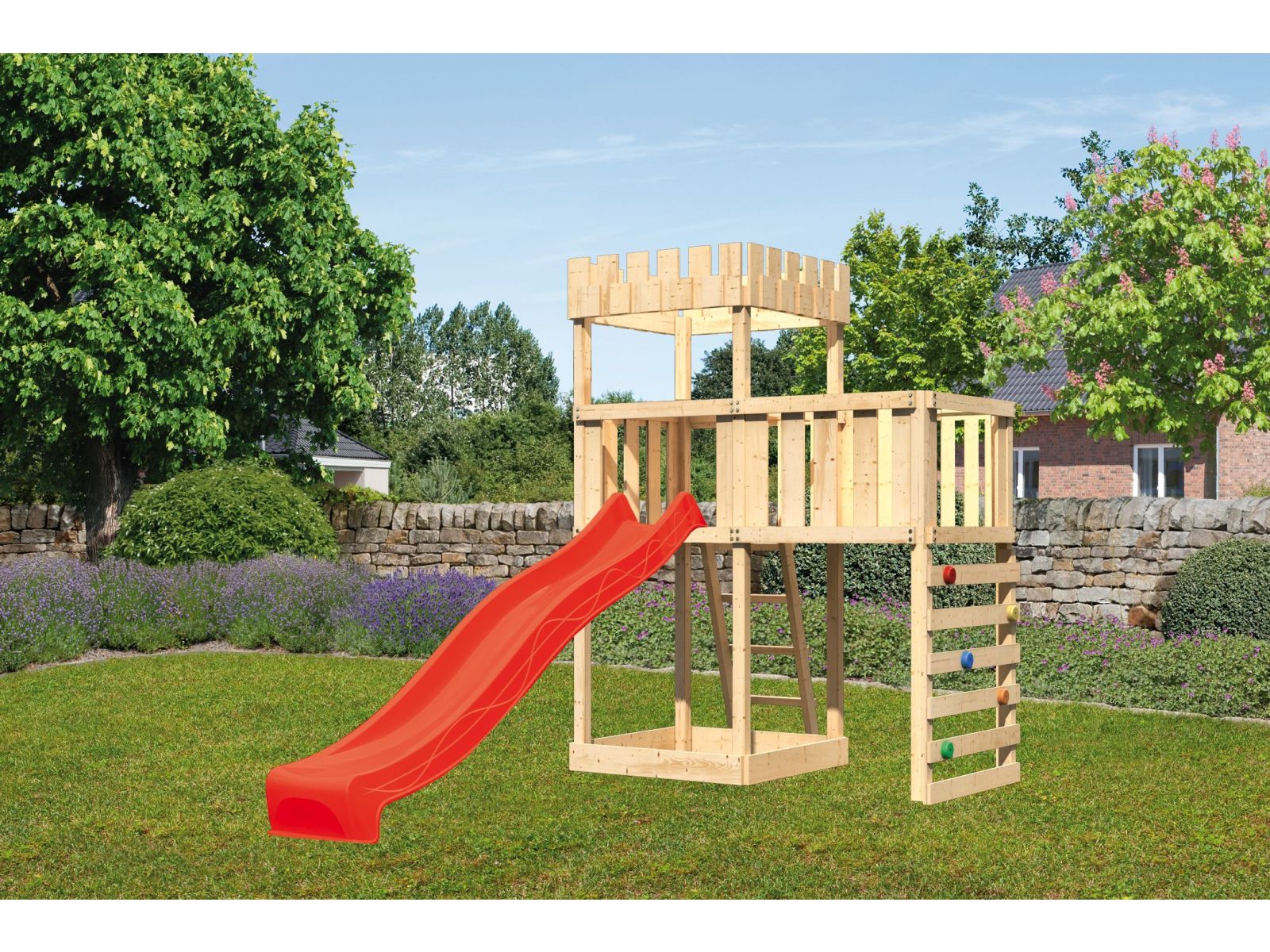 Karibu Ritterburg Löwenherz + Rutsche + Anbauplattform + Kletterwand