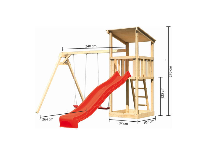 Karibu Spielturm Anna + Rutsche blau + Doppelschaukel