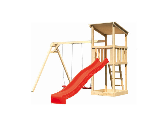 Karibu Spielturm Anna + Rutsche blau + Doppelschaukel
