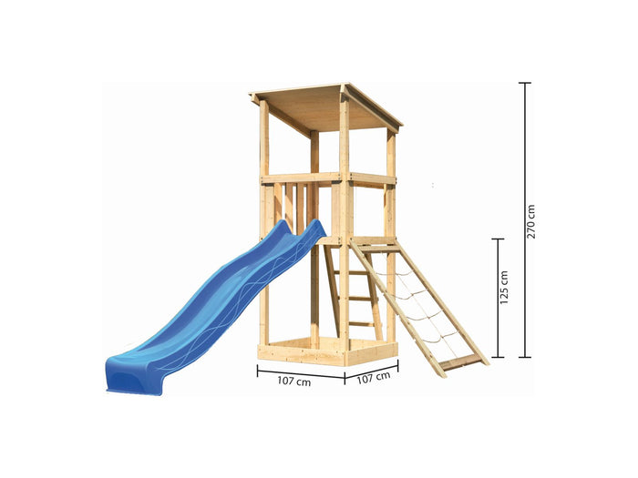 Karibu Spielturm Anna + Rutsche blau + Netzrampe