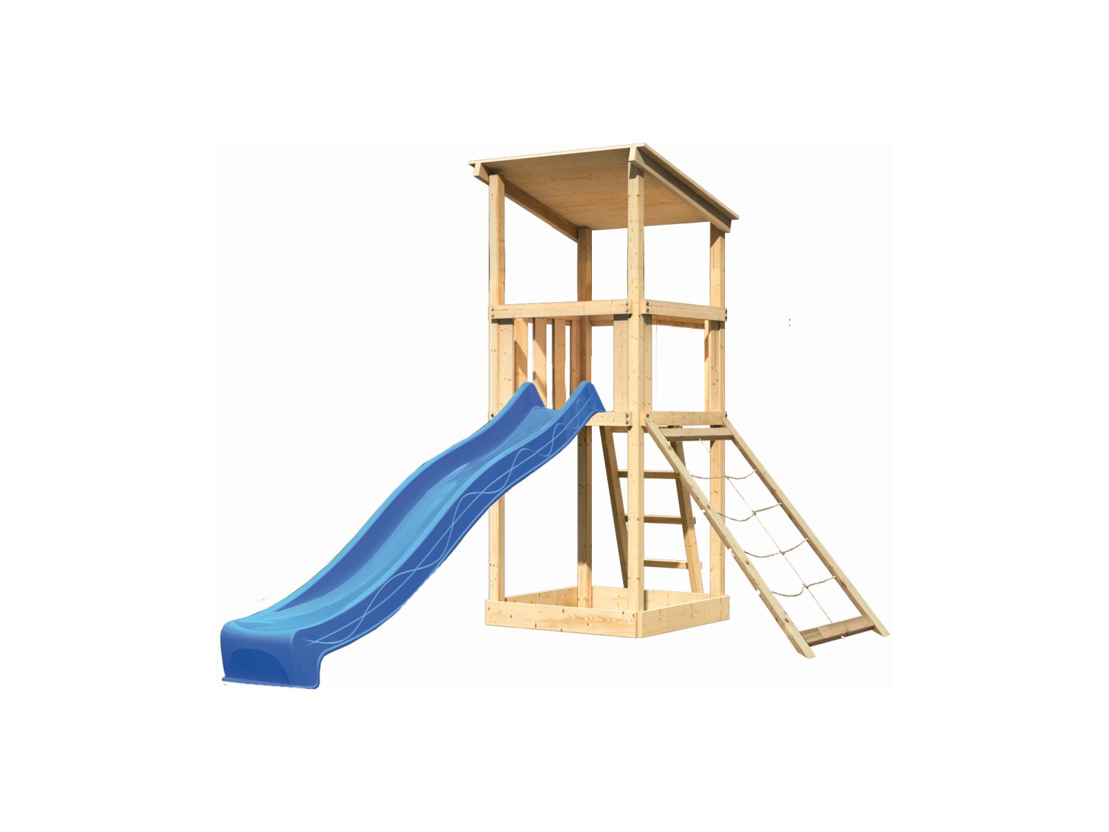 Karibu Spielturm Anna + Rutsche blau + Netzrampe