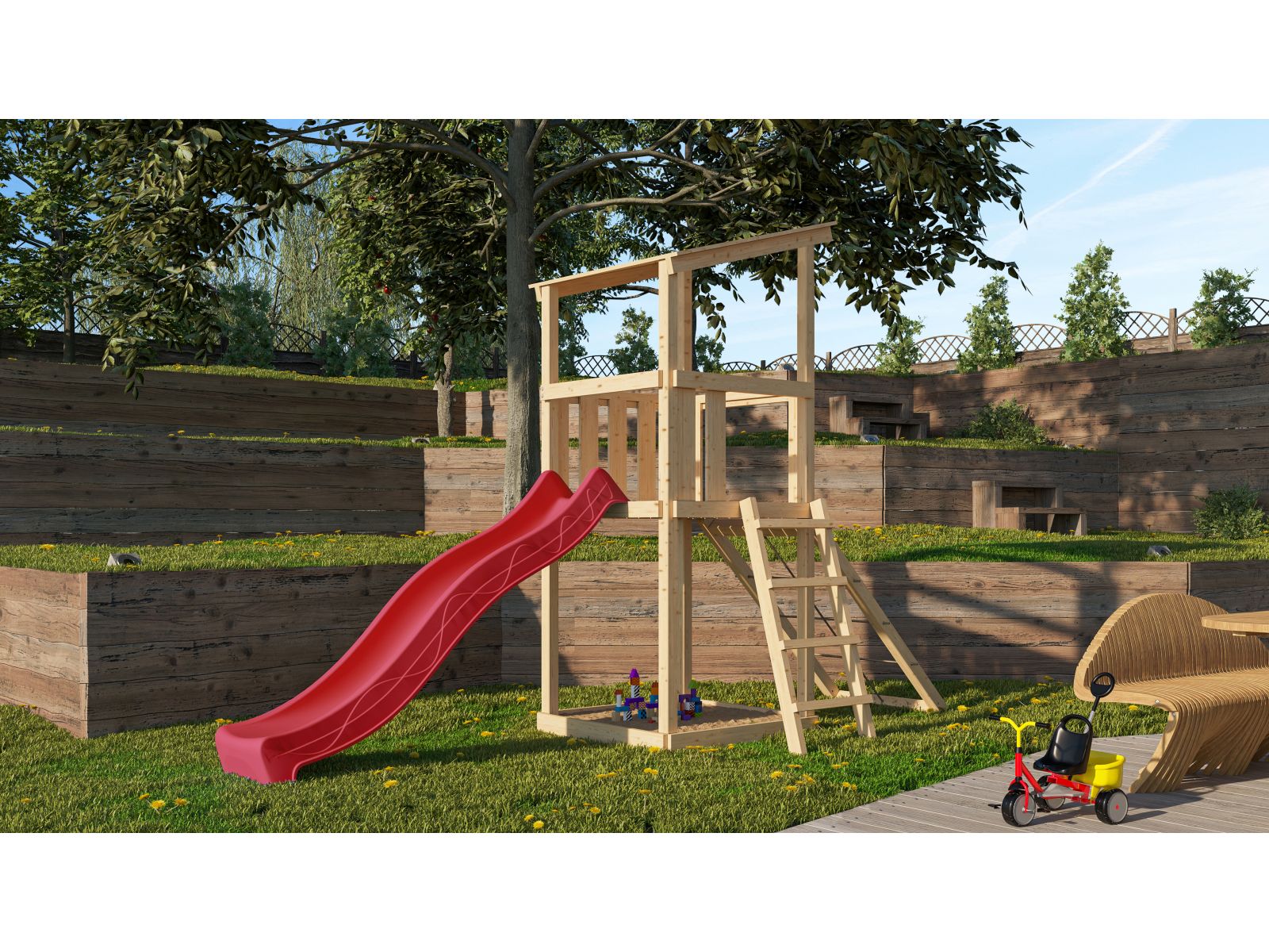 Karibu Spielturm Anna + Rutsche rot + Netzrampe