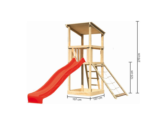 Karibu Spielturm Anna + Rutsche rot + Netzrampe