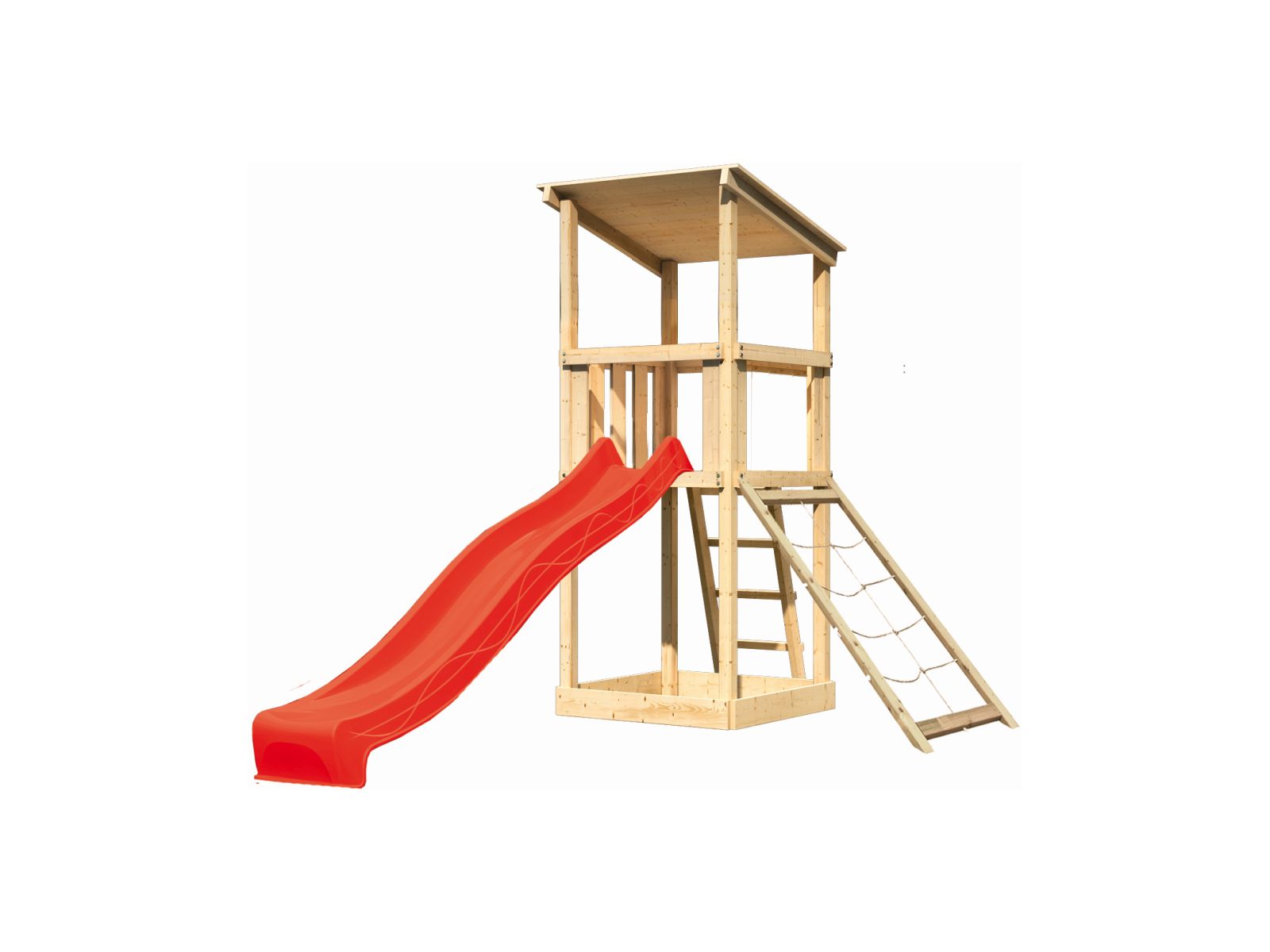 Karibu Spielturm Anna + Rutsche rot + Netzrampe