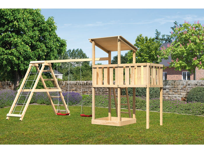 Karibu Spielturm Anna + Doppelschaukelanbau Klettergerüst + Anbauplattform