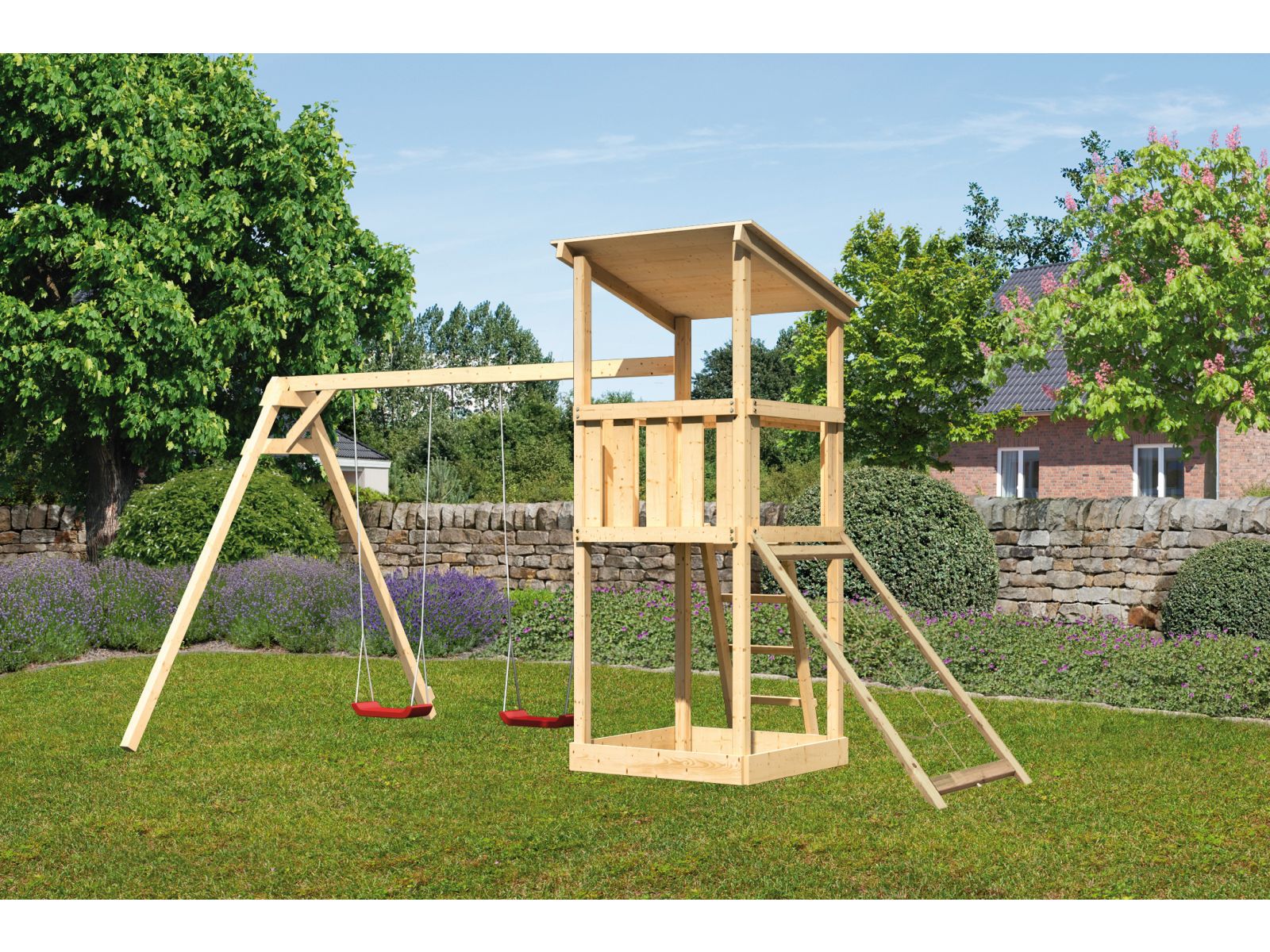 Karibu Spielturm Anna + Doppelschaukel + Netzrampe