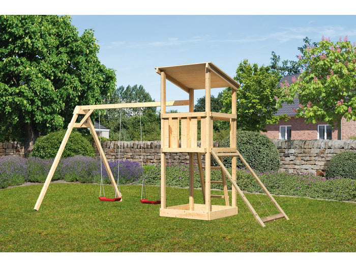 Karibu Spielturm Anna + Doppelschaukel + Netzrampe