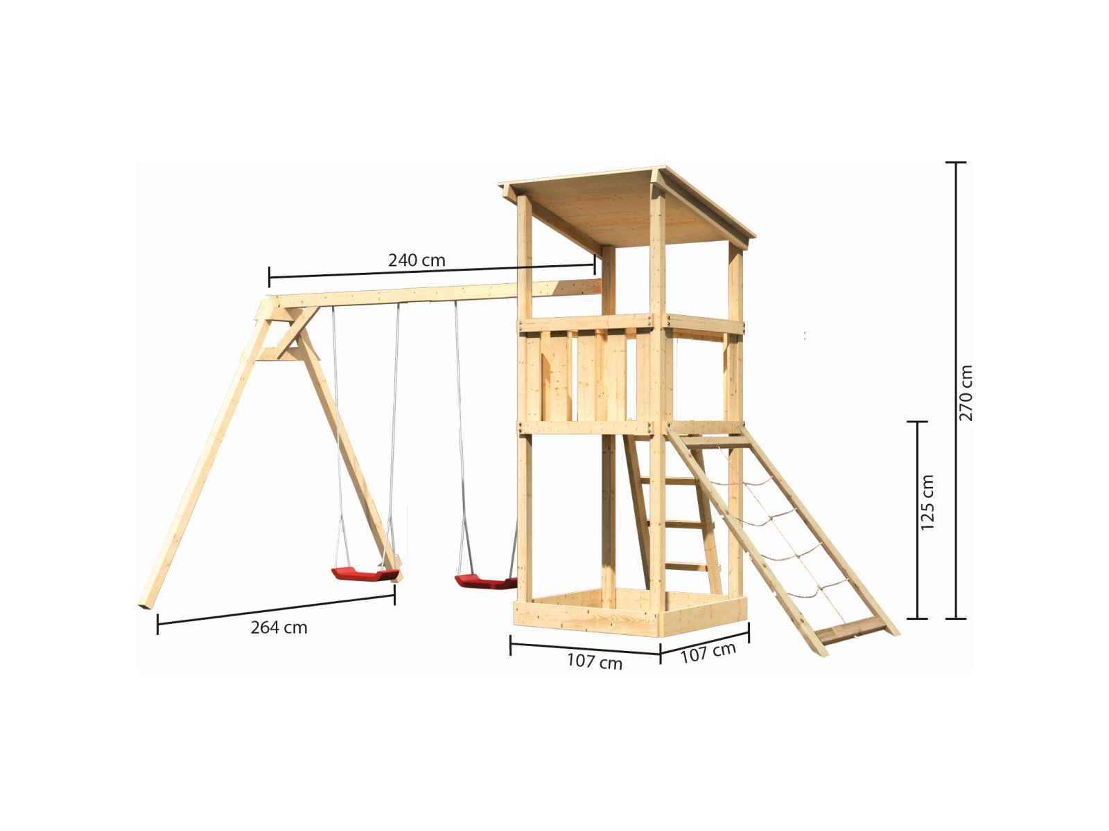 Karibu Spielturm Anna + Doppelschaukel + Netzrampe