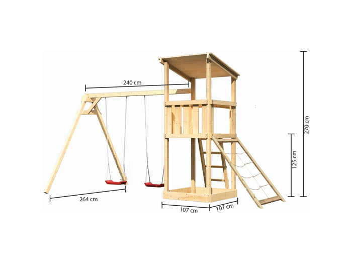 Karibu Spielturm Anna + Doppelschaukel + Netzrampe