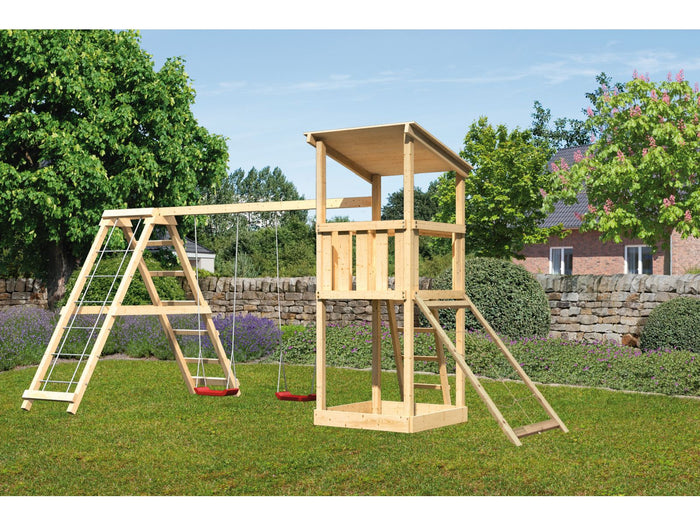 Karibu Spielturm Anna + Doppelschaukelanbau Klettergerüst + Netzrampe
