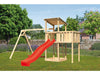 Karibu Spielturm Anna + Rutsche rot + Doppelschaukel + Anbauplattform