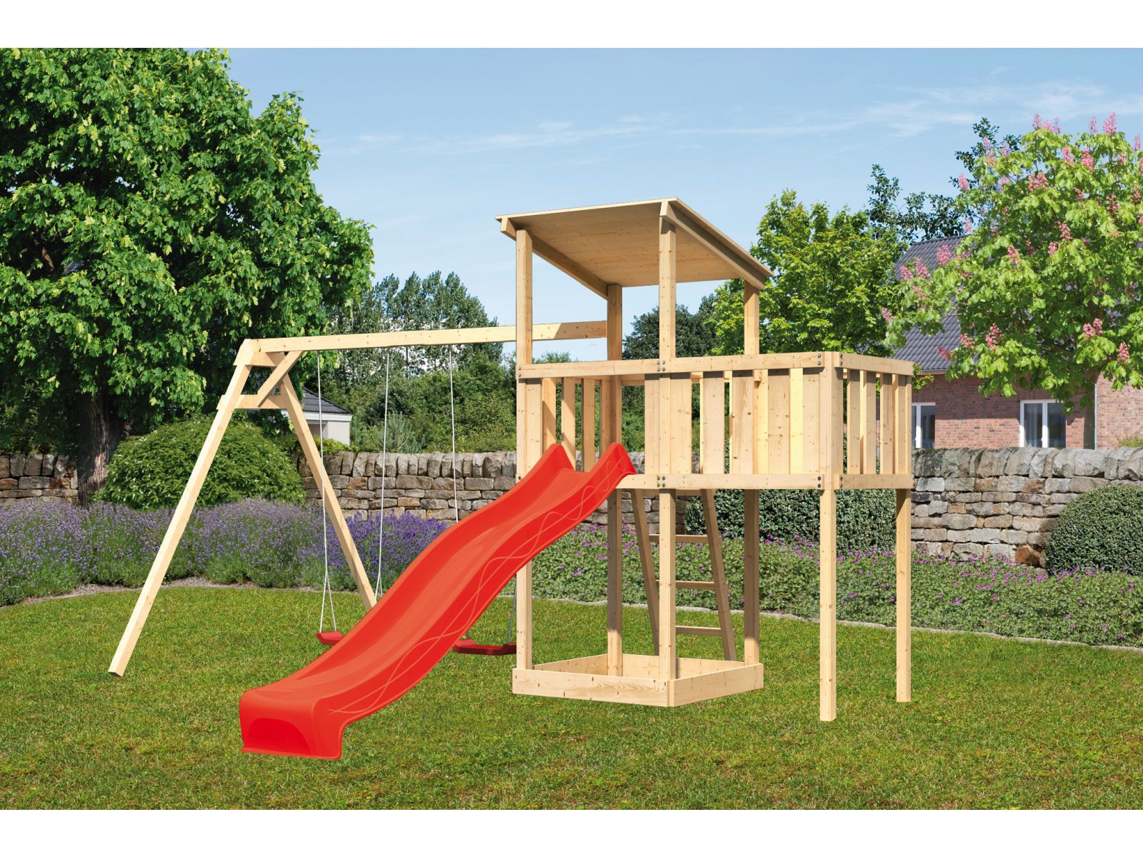 Karibu Spielturm Anna + Rutsche rot + Doppelschaukel + Anbauplattform