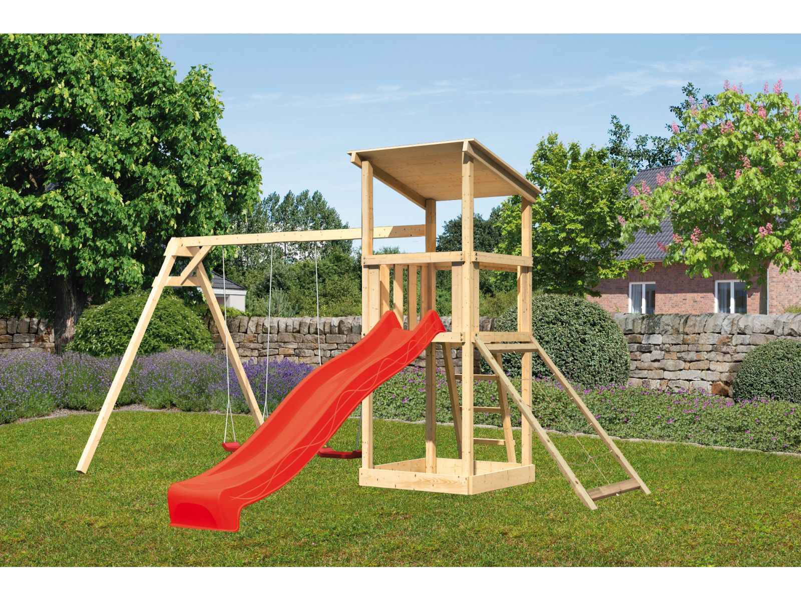 Karibu Spielturm Anna + Rutsche rot + Doppelschaukel + Netzrampe
