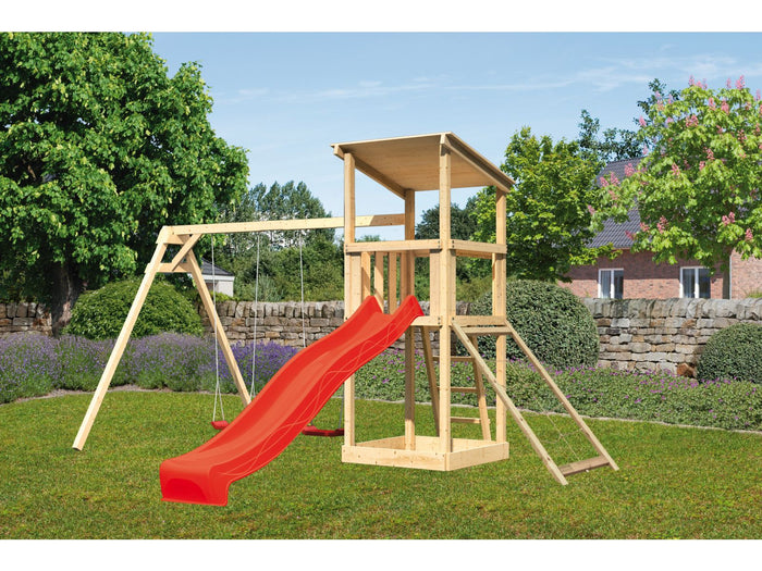 Karibu Spielturm Anna + Rutsche rot + Doppelschaukel + Netzrampe