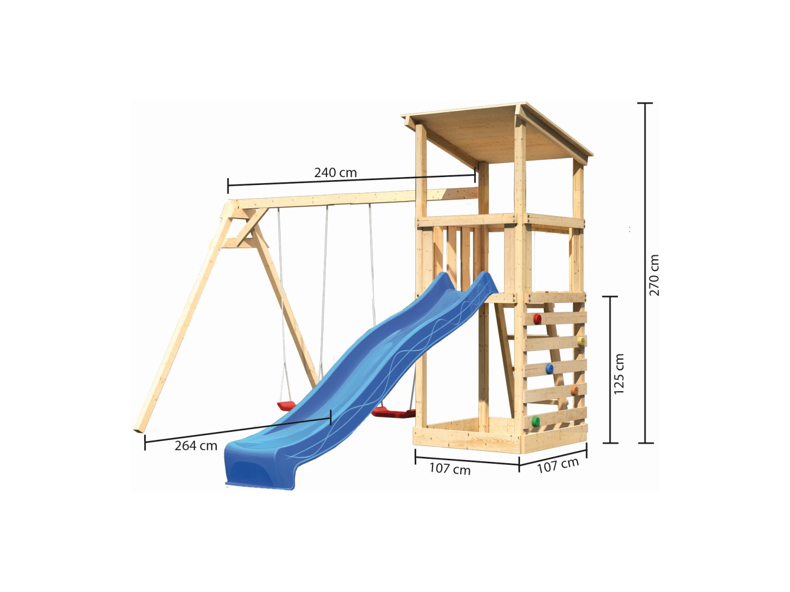 Karibu Spielturm Anna + Rutsche blau + Doppelschaukel + Kletterwand