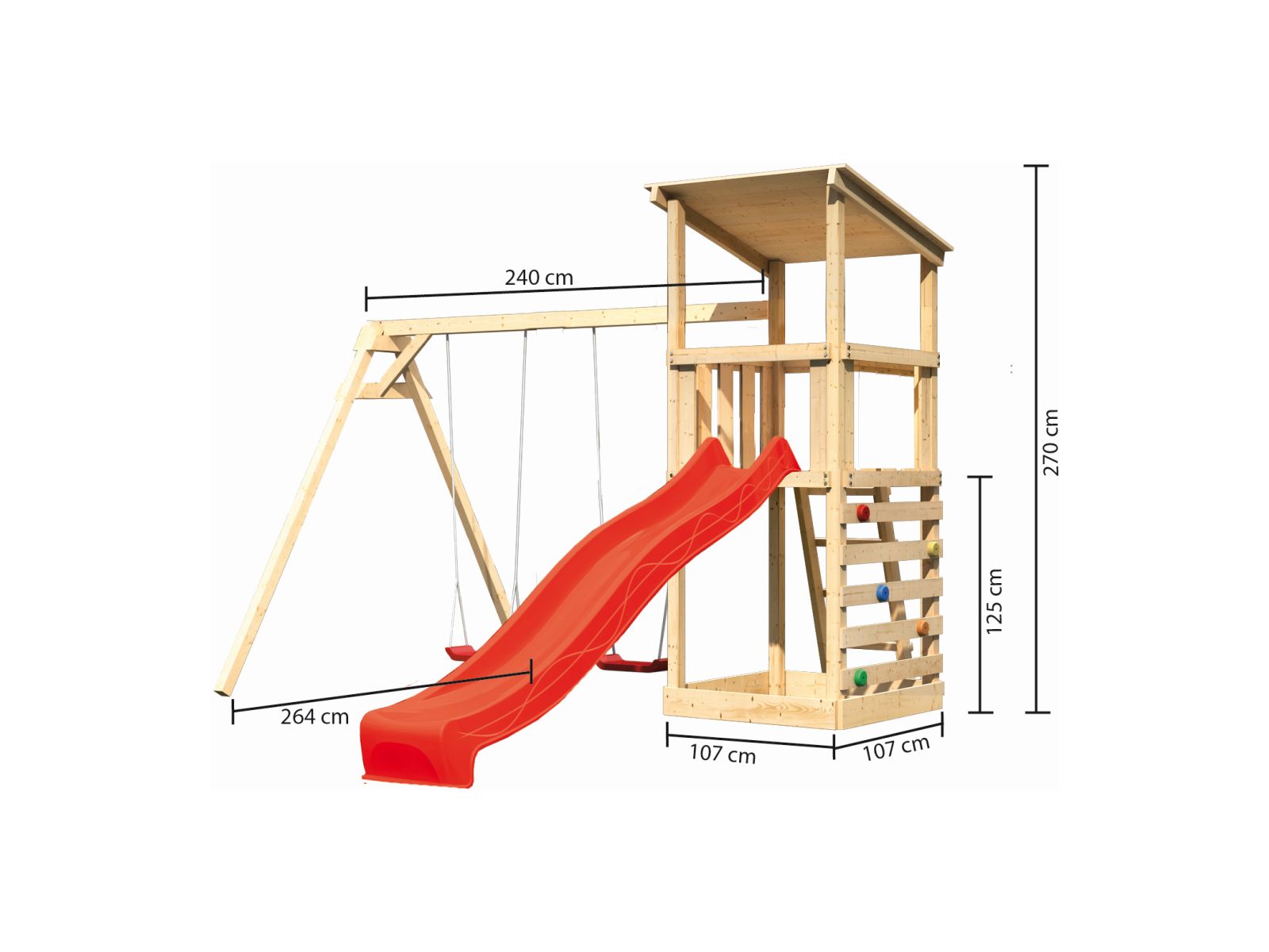 Karibu Spielturm Anna + Rutsche rot + Doppelschaukel + Kletterwand