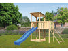 Karibu Spielturm Anna + Rutsche blau + Anbauplattform + Netzrampe