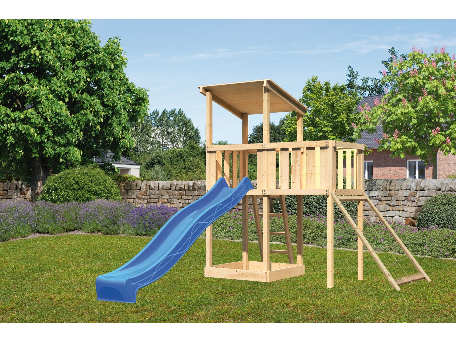 Karibu Spielturm Anna + Rutsche blau + Anbauplattform + Netzrampe