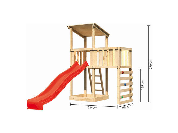 Spielturm Anna + Rutsche rot + Anbauplattform + Kletterwand