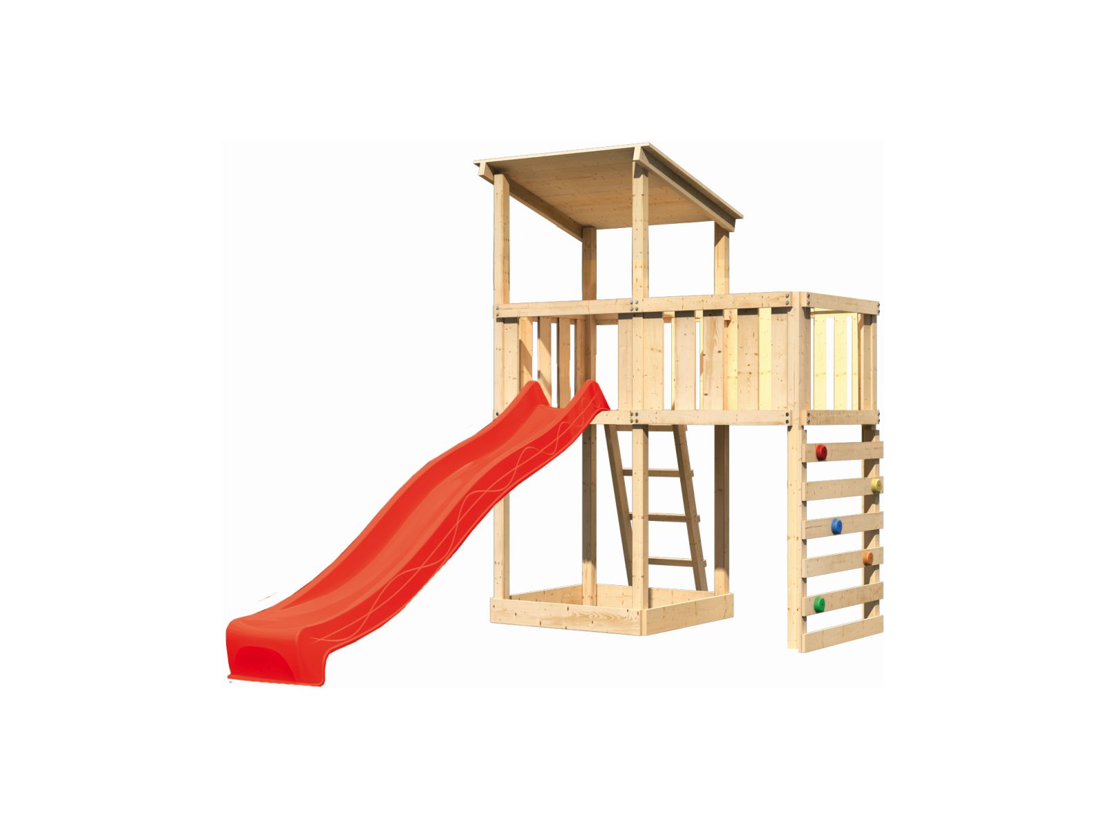 Spielturm Anna + Rutsche rot + Anbauplattform + Kletterwand