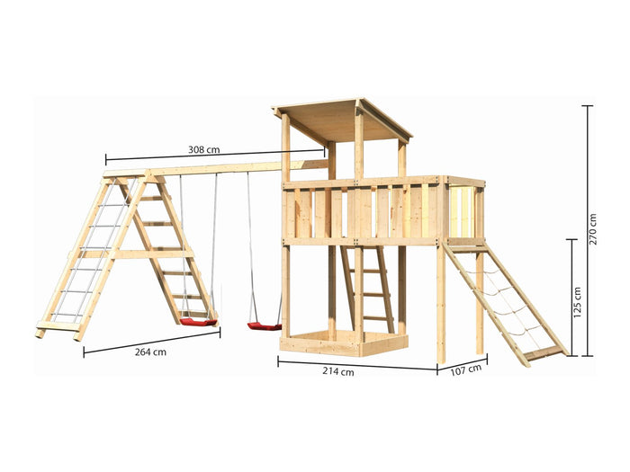 Karibu Spielturm Anna + Doppelschaukelanbau Klettergerüst + Anbauplattform + Netzrampe