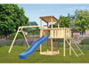Karibu Spielturm Anna + Rutsche blau + Doppelschaukel + Anbauplattform + Netzrampe