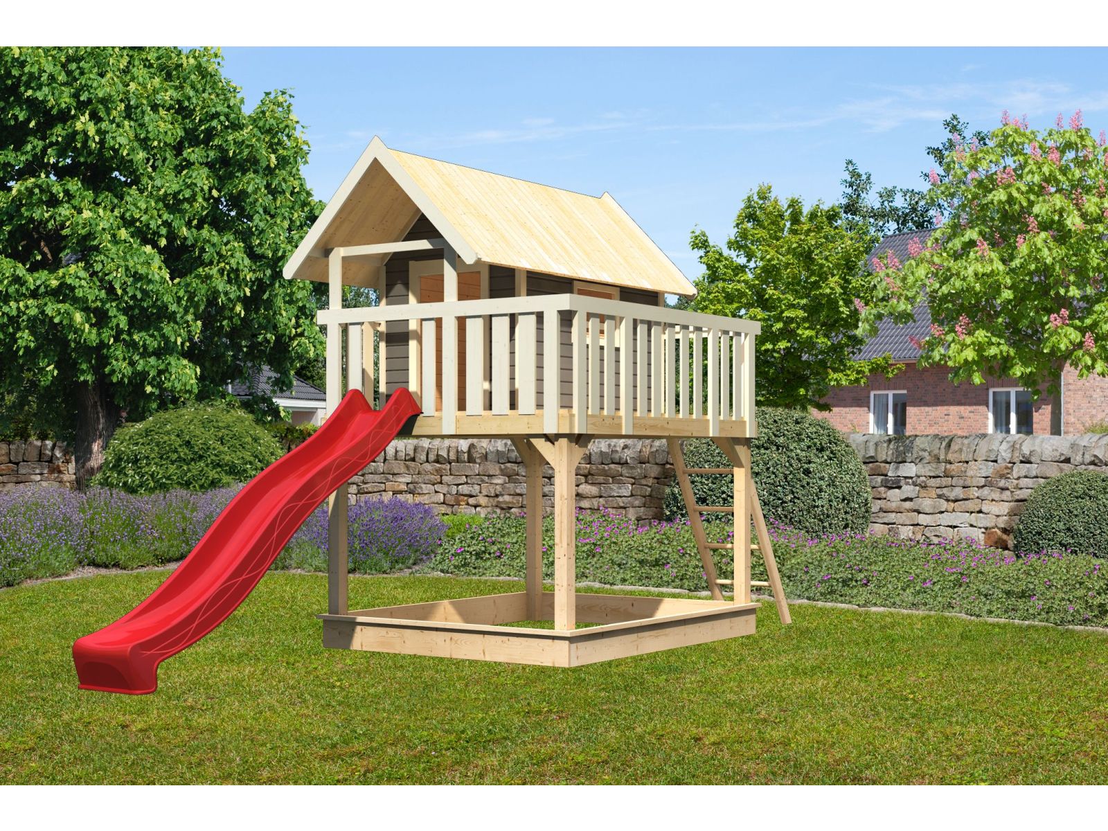 Karibu Stelzenhaus Fidel terragrau + Rutsche rot