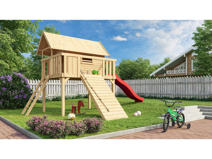 Karibu Stelzenhaus Fidel naturbelassen + Rutsche rot + Holzrampe
