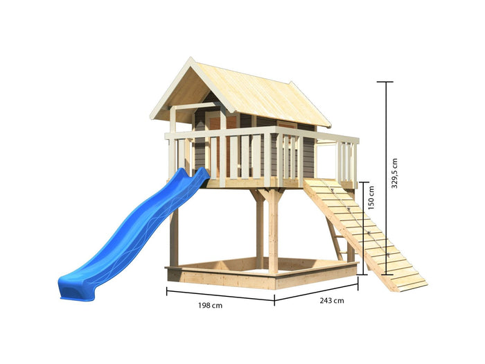 Karibu Stelzenhaus Fidel terragrau + Rutsche blau + Holzrampe