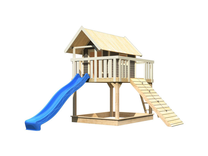 Karibu Stelzenhaus Fidel terragrau + Rutsche blau + Holzrampe