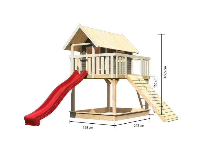 Karibu Stelzenhaus Fidel terragrau + Rutsche rot + Holzrampe