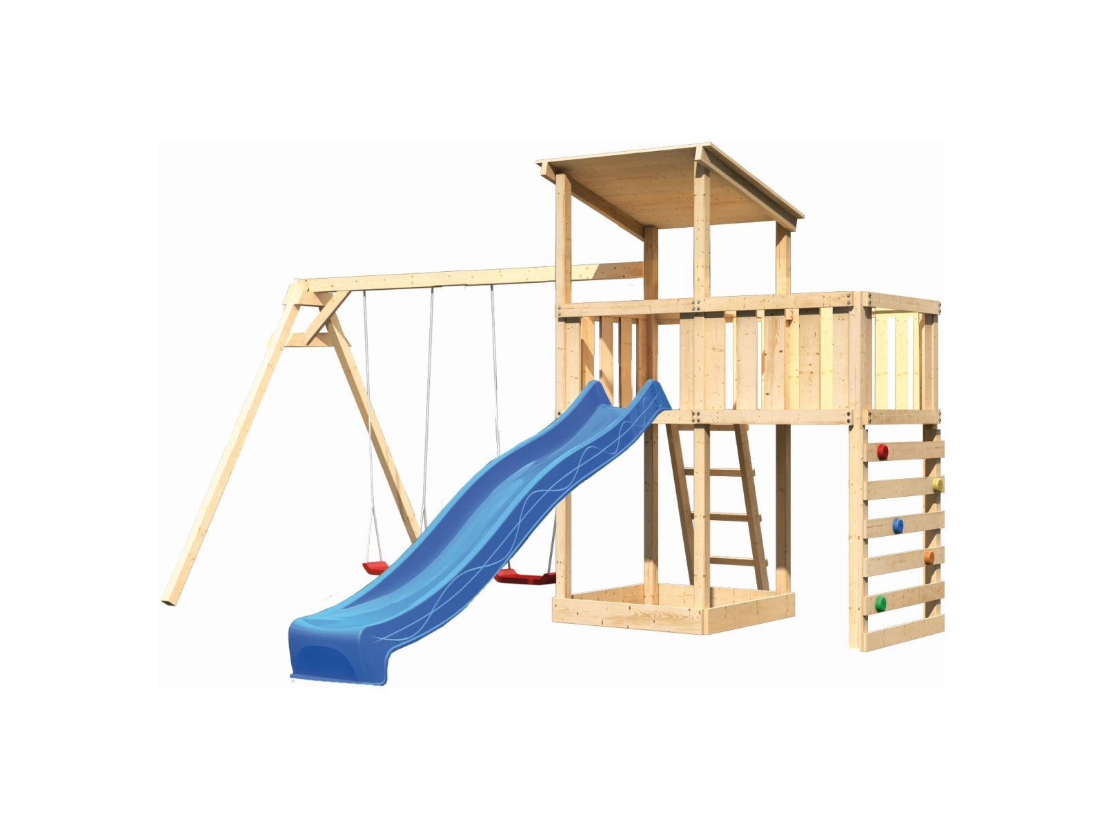 Karibu Spielturm Anna + Rutsche blau + Doppelschaukel + Anbauplattform + Kletterwand