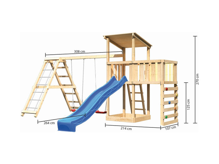 Karibu Spielturm Anna + Rutsche blau + Doppelschaukelanbau Klettergerüst + Anbauplattform + Kletterw