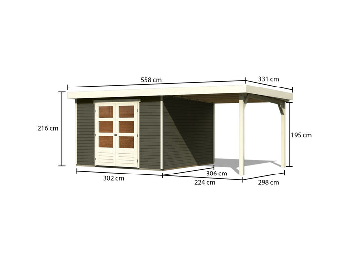Karibu Gartenhaus Askola 6 in terragrau mit Anbaudach 2,4 Meter