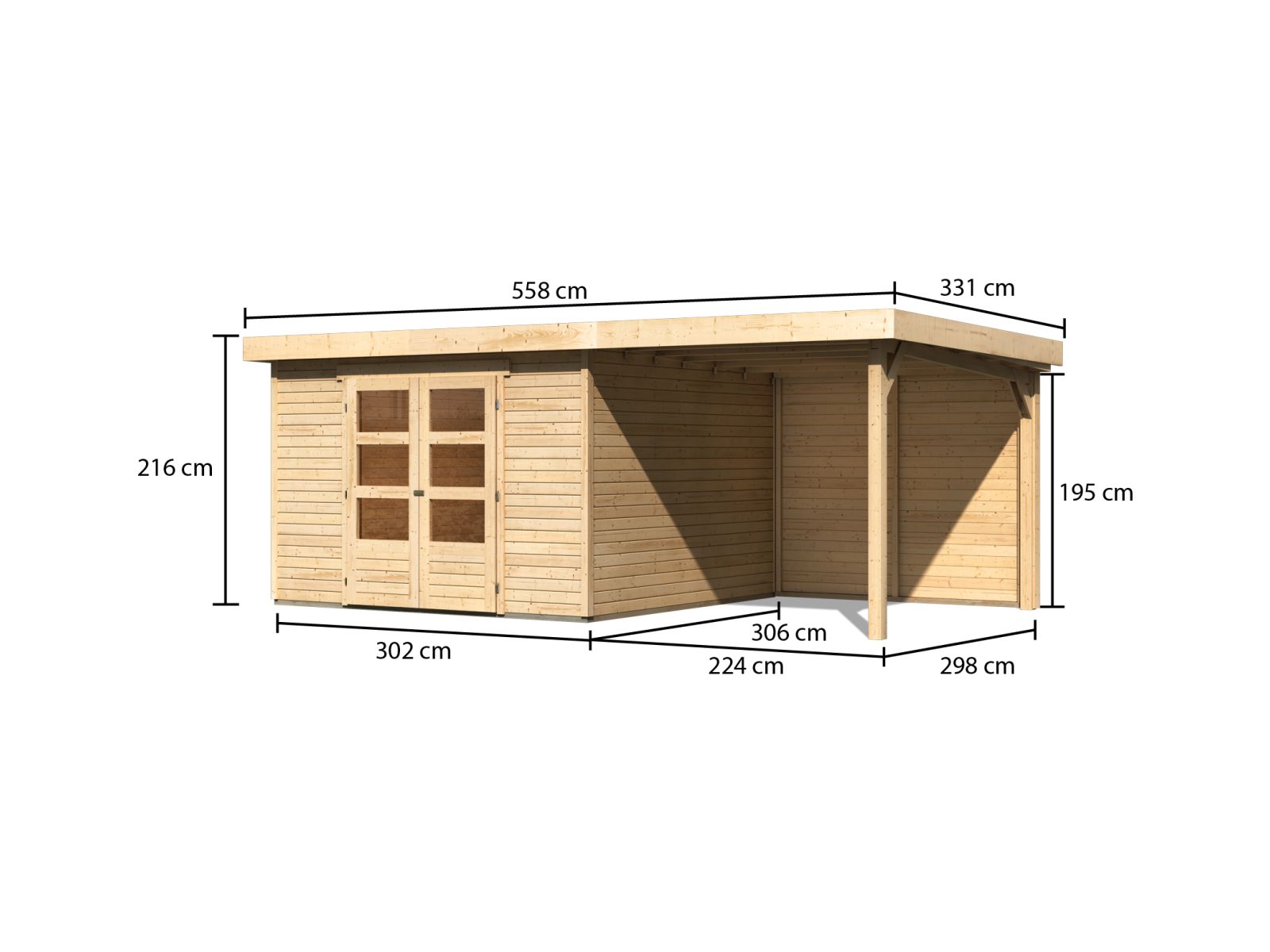 Karibu Gartenhaus Askola 6 natur mit Anbaudach 2,4 Meter - Rückwand