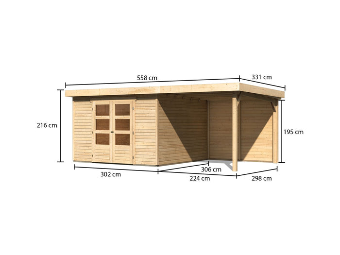 Karibu Gartenhaus Askola 6 natur mit Anbaudach 2,4 Meter - Rückwand