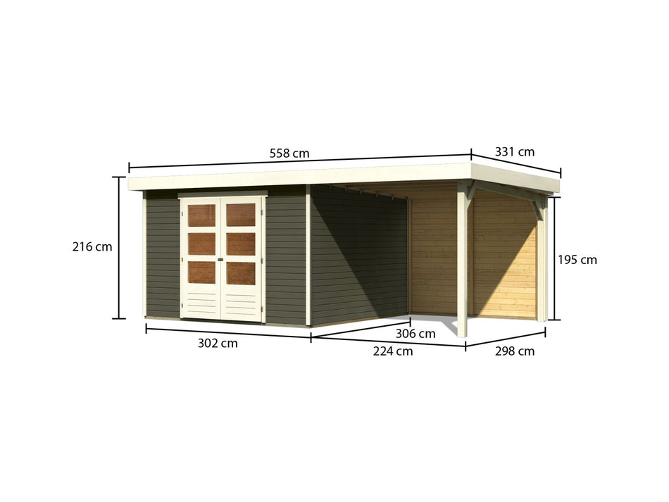 Karibu Gartenhaus Askola 6 in terragrau mit Anbaudach 2,4 Meter - Rückwand