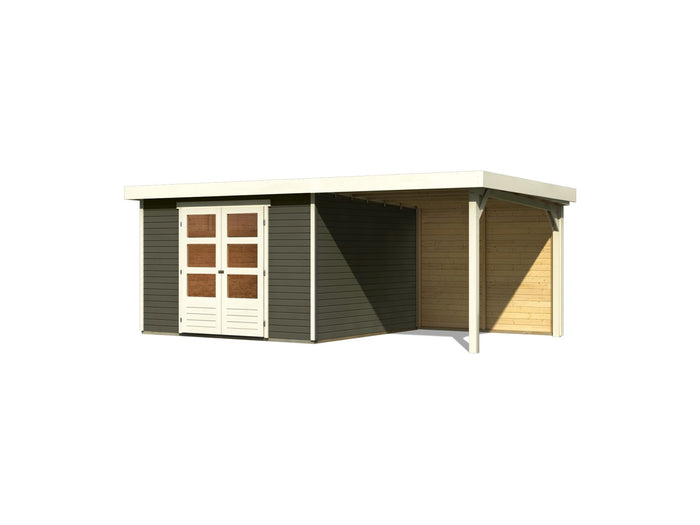 Karibu Gartenhaus Askola 6 in terragrau mit Anbaudach 2,4 Meter - Rückwand