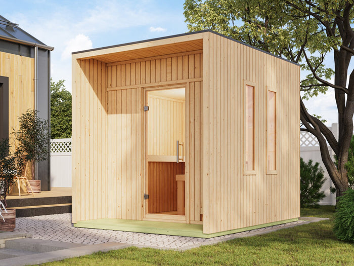 Karibu Saunahaus Laguna natur,73 mm -inkl. 9 kW Bioofen ext. Steuerung Wifi HUUM