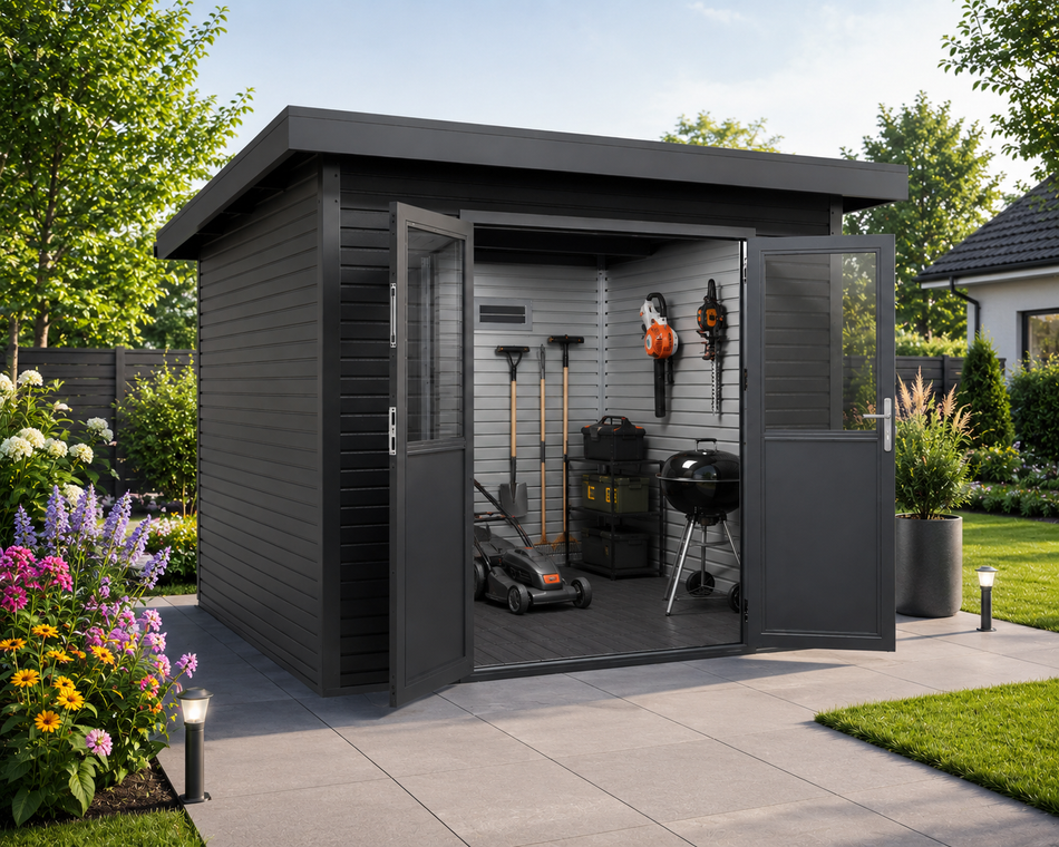 Linholm WPC Gartenhaus Linia 2828 inkl. Dachrinnen-Set, 2-farbig in Grau/Anthrazit