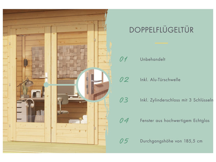 Karibu Gartenhaus Radeburg 2 natur 38 mm mit Anbaudach 3,3 m und Rückwand