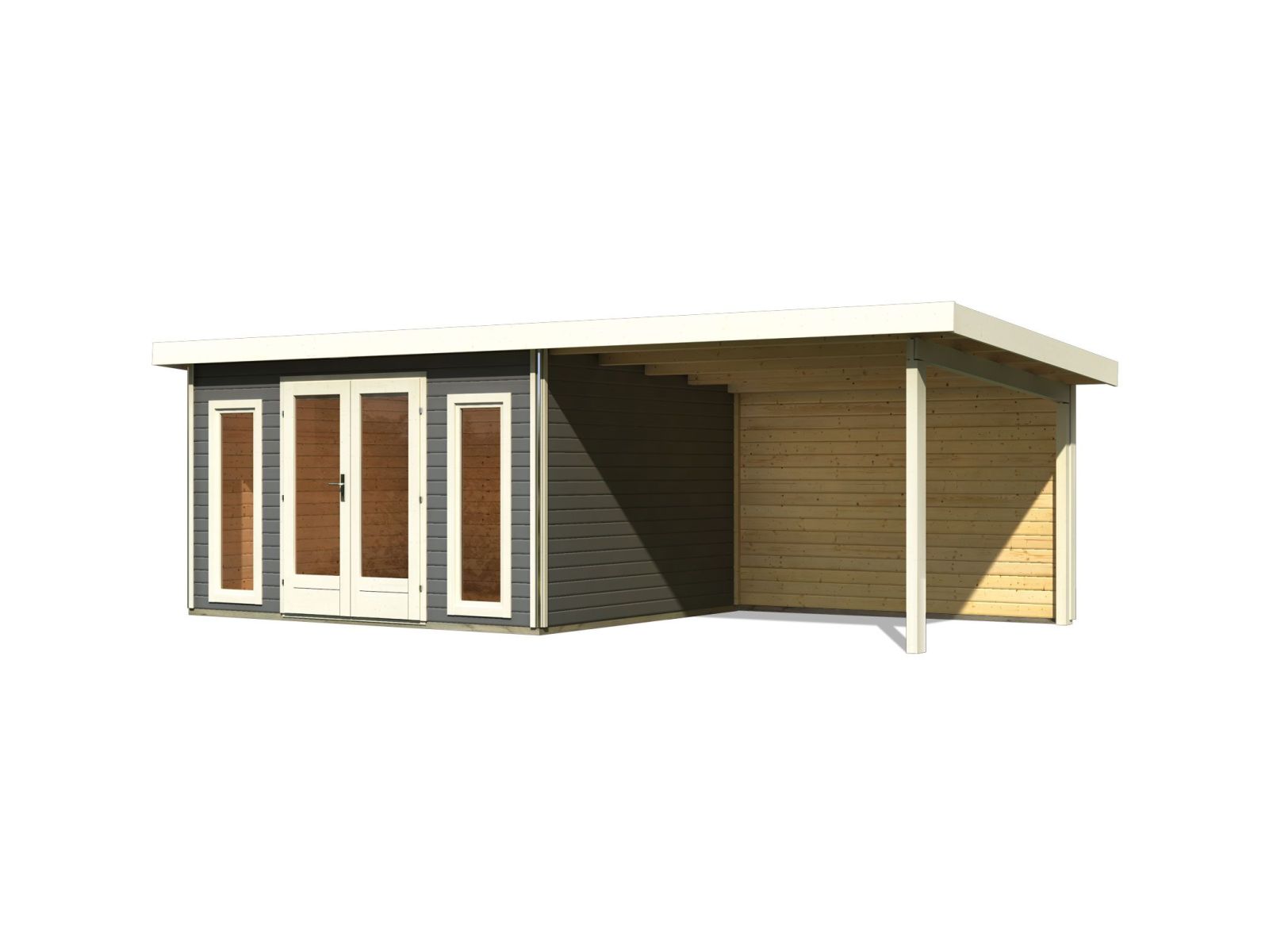 Karibu Gartenhaus Radeburg 2 terragrau mit Anbaudach 3,3 m und Rückwand