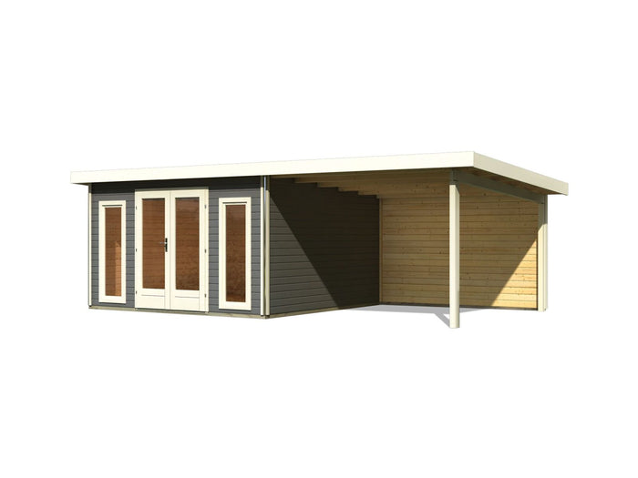 Karibu Gartenhaus Radeburg 3 terragrau mit Anbaudach 3,3 m und Rückwand